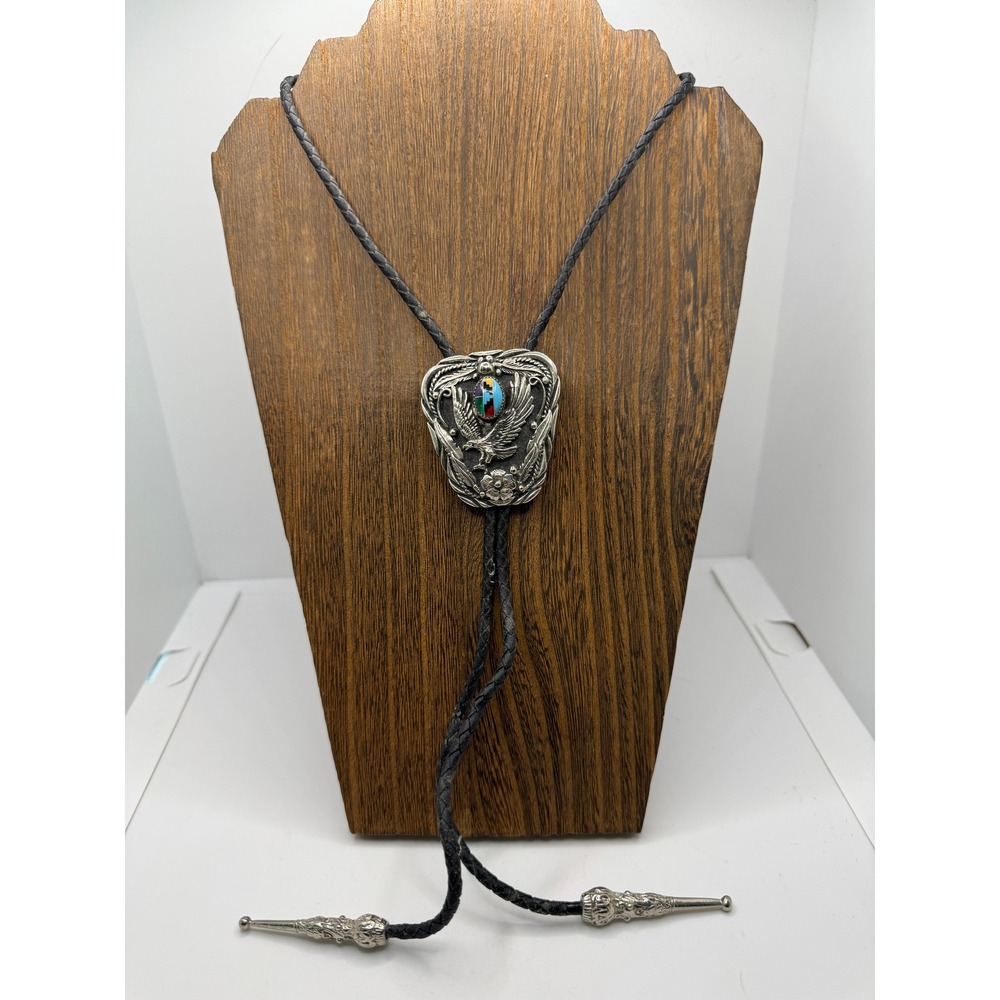 Vintage Western Eagle SSI Bolo Tie Silver Tone Multi-Stone Inlay Sterling Tips